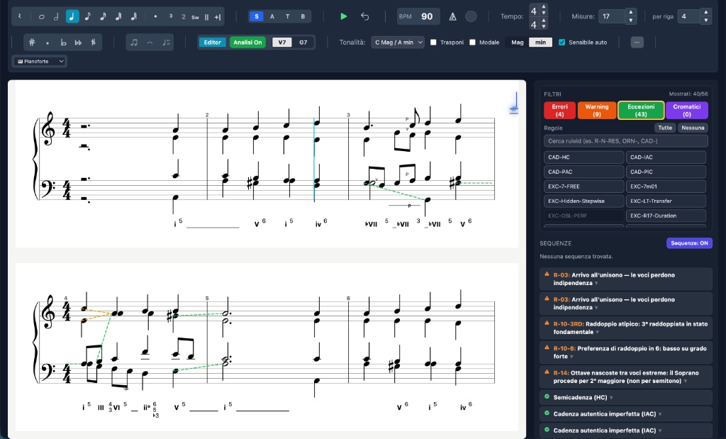 Pannello analisi con violazioni, filtri e cadenze